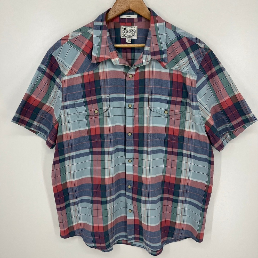 Lucky Brand Mens XL Slim Fit Short Sleeve Western Pearl Snap Plaid Shirt Red